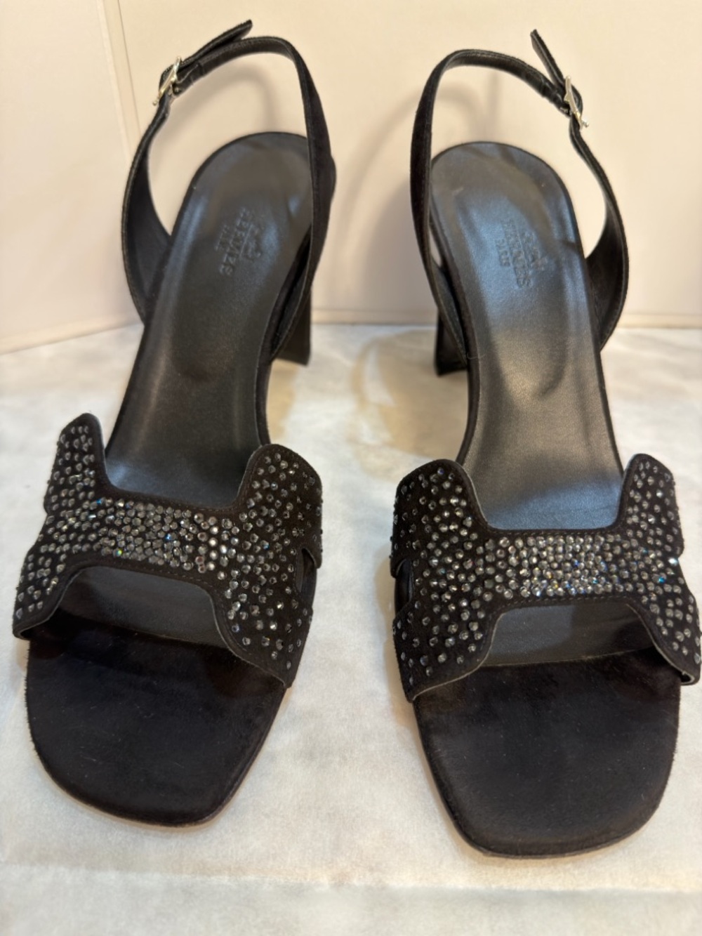 Hermes Black Suede Crystal Embellished Slingback H Sandals Size 39,9 (US 9,5) - Picture 7 of 17